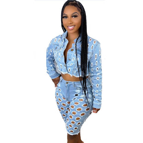 Women's Fashion Hole Jeans Jacket Two Piece Set