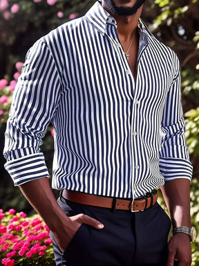 Ins Stripe Printed Long Sleeve Shirt Men Fashion Casual Lapel Button Top Clothing