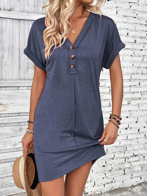 Women's Fashion Buckle V-neck With Shoulder Roll Sleeve Dress