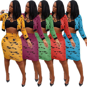 European And American Women's Clothing Long Sleeve Splash-ink Midi Skirt Suit