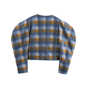 Color Matching Plaid Woolen Round Neck Double Breasted Jacket Short Coat