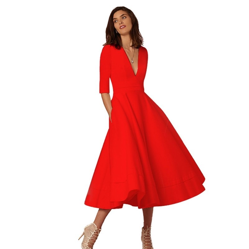 V-neck Dresses - Retro 60s Swing Sleeve