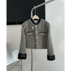 Vintage Stripe Classic Style Slimming Niche Stitching Design Short Coat