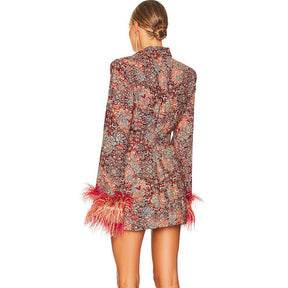 Women's V-neck Floral Cuff Feather Dress And Coat