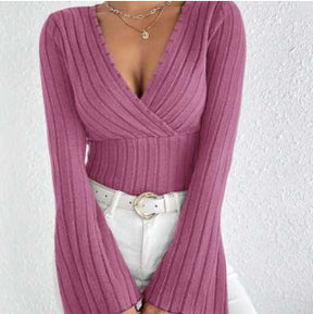 Women's Autumn And Winter Rib Sunken Stripe V-neck Flared Slim-fit Long Sleeve T-shirt Elegant Women's Top