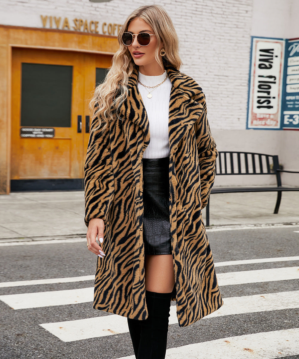 European And American Fashion Leisure Suit Collar Artificial Leather Fur Coat Zebra Pattern Plush Long Coat Autumn And Winter