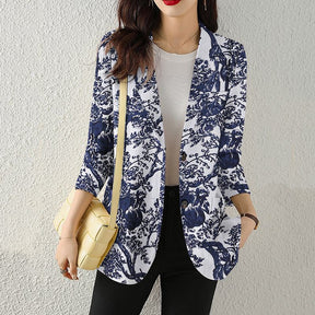 Women's Button Printed Long-sleeved Pocket Vintage Cotton And Linen Blazer