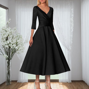 European And American New V-neck Half Sleeve Dress Solid Color Simple Waist Fitted Pettiskirt