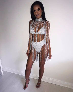 Sexy Exaggerated Drill Tassel Body Chain Necklace Rhinestone Cloak