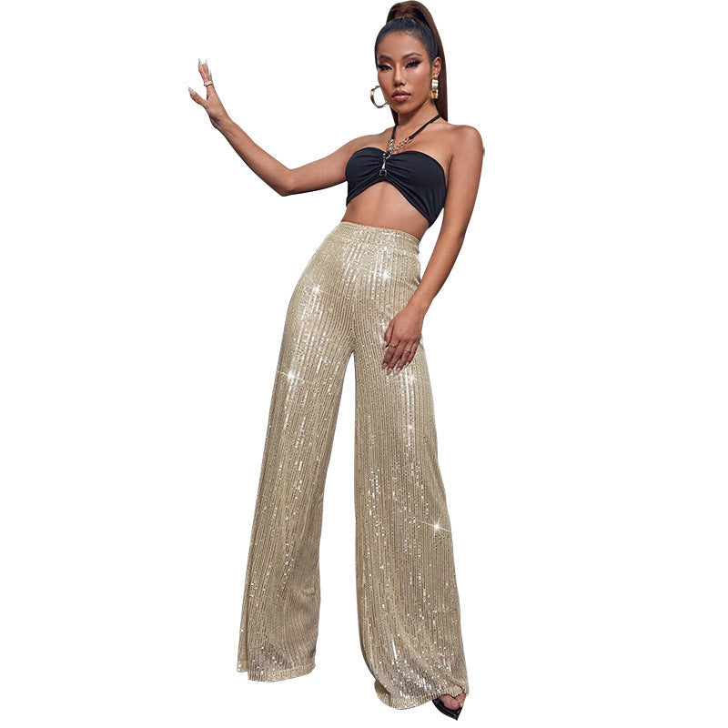 High Waist Casual Pants Sequins Loose-fitting Drape