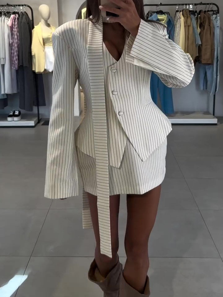Wrap - Style Striped Jacket & Mini Skirt Two - Piece Set