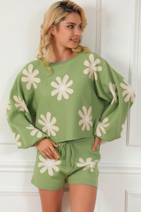 Flower Pattern Long Sleeve Sweater and Drawstring Shorts Set