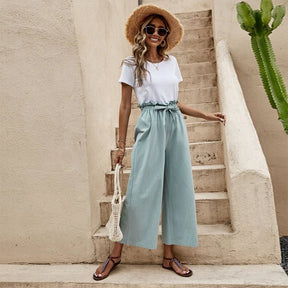 Elastic Waist Solid Color Cotton And Linen Belt Wide Leg Pants Loose Cropped Pants