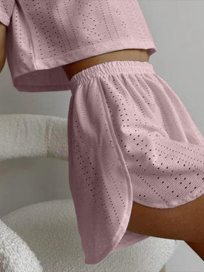 Eyelet Round Neck Top and Shorts Set