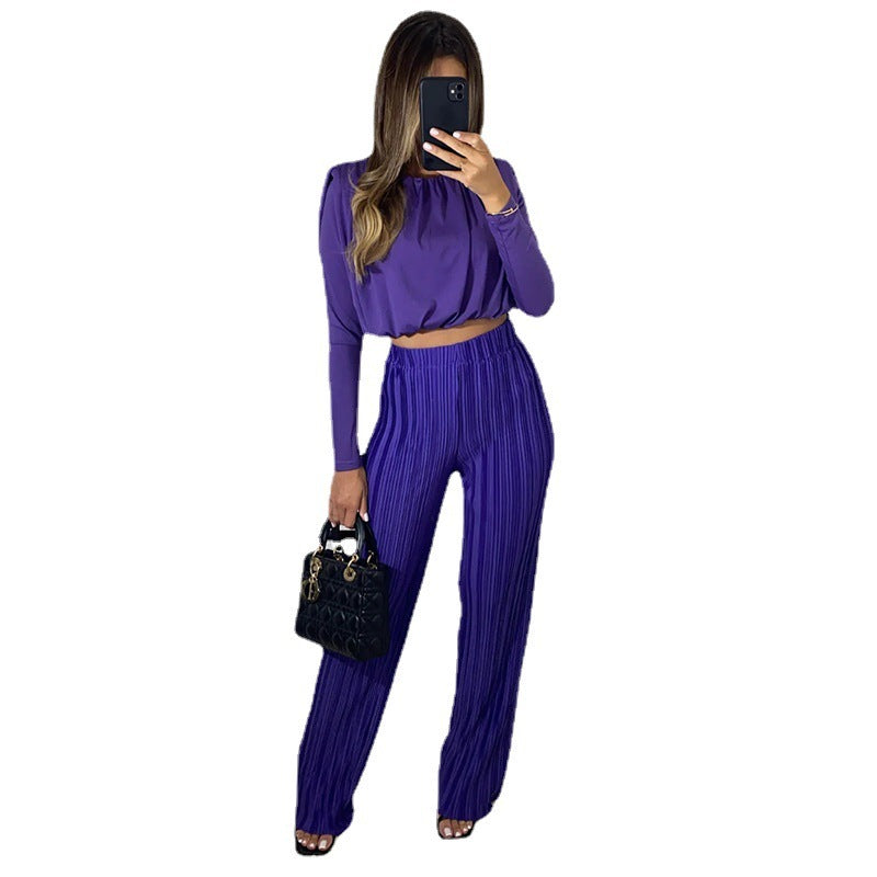 Women's Fashion Temperament Crew Neck Short Long Sleeve Underwear Blouse Casual Trousers Two-piece Set