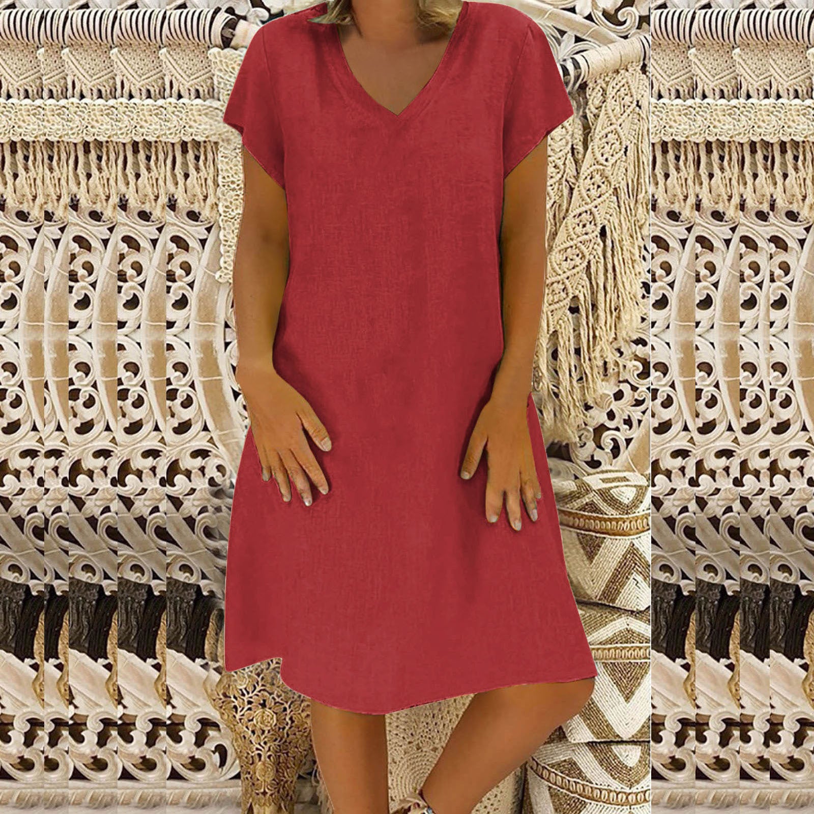 Women's Summer Casual V-neck Solid Color Cotton And Linen Dress