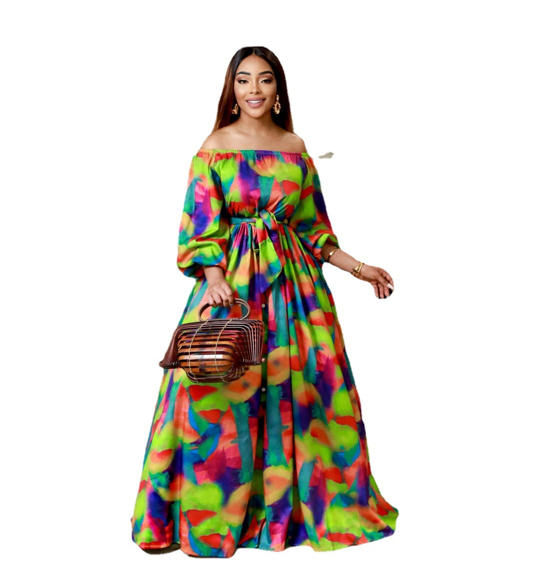 Women's Bubble Long Sleeve Printed Waist-controlled Temperament Long Dress