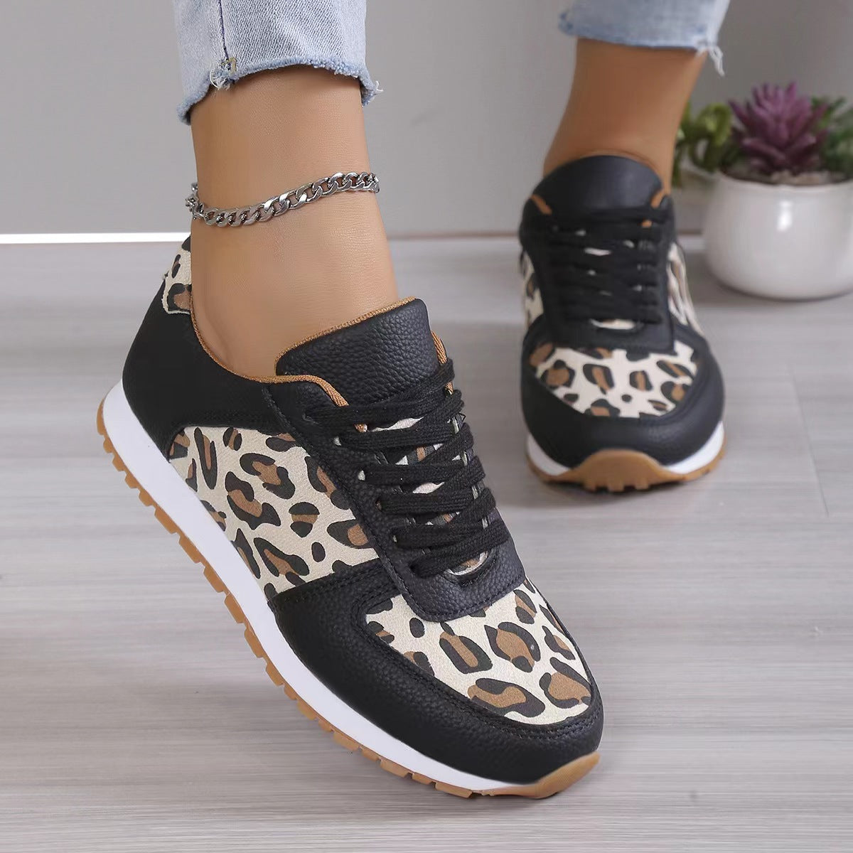 Fashoin Leopard Print Lace-up Sports Shoes For Women Sneakers Casual Running Walking Flat Shoes