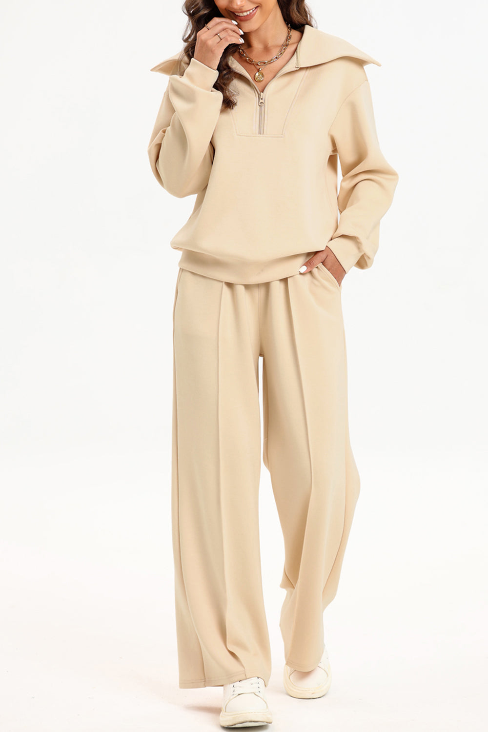 Half Zip Collared Neck Sweatshirt and Pants Set