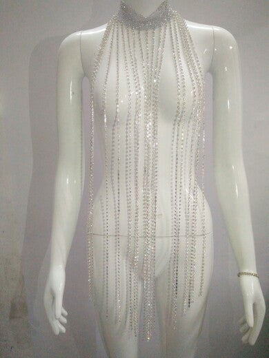 Sexy Exaggerated Drill Tassel Body Chain Necklace Rhinestone Cloak