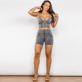 Shascullfites Shaper Set Grey Jeans Short Set Zipper Tanks Crop Top Female Club Party 2 Piece Sets Womens Outfits Summer