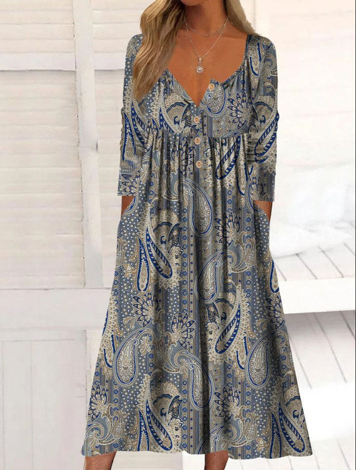 European And American Printed Pocket Cardigan Clinch Long Dress