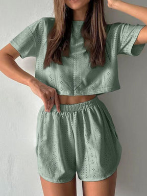 Eyelet Round Neck Top and Shorts Set