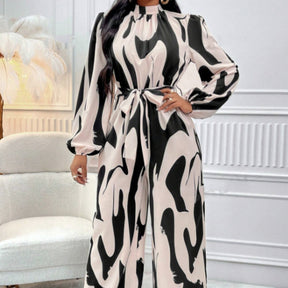 Ladies' Fashionable And Elegant Autumn And Winter Long Sleeved Full Printed Cold Shoulder Lantern Sleeves Jumpsuit With Elegant Orientation