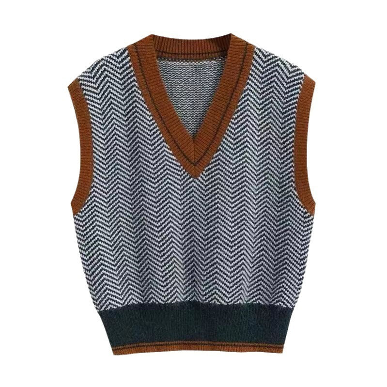 European And American Wave Striped Sleeveless Knit Vest V-neck Color-block Vest