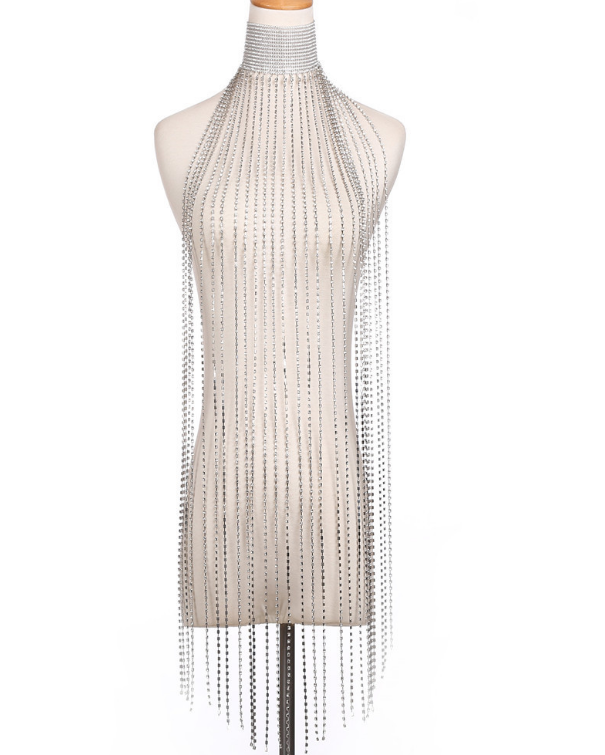 Sexy Exaggerated Drill Tassel Body Chain Necklace Rhinestone Cloak