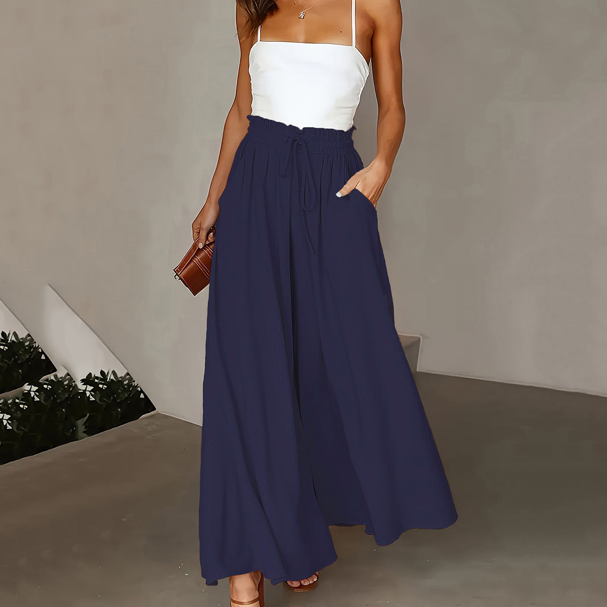 Plus Size Wide Leg Pants - Stylish Solid Paper Bag Waist Design, Elegant Pocket Tie Front, Loose Fit For Comfort, Perfect For Spring & Summer, Women's Fashionable Clothing For Curvy Figures