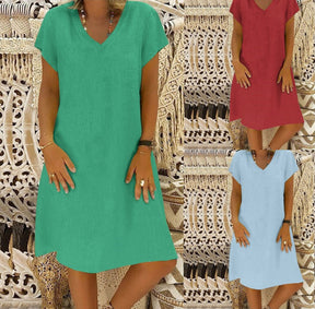 Women's Summer Casual V-neck Solid Color Cotton And Linen Dress