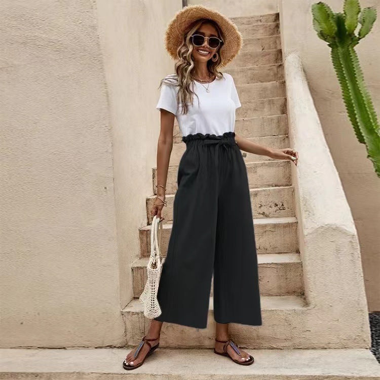 Elastic Waist Solid Color Cotton And Linen Belt Wide Leg Pants Loose Cropped Pants