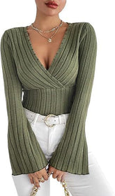 Women's Autumn And Winter Rib Sunken Stripe V-neck Flared Slim-fit Long Sleeve T-shirt Elegant Women's Top