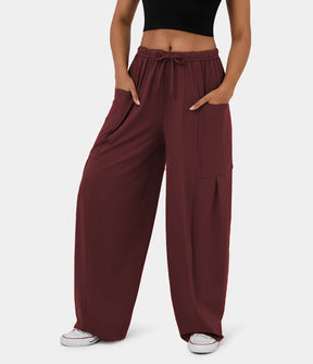 Fashionable And Stylish Elastic Waist Pleated Wide Leg Pants