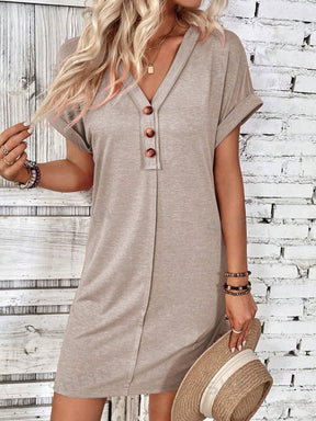 Women's Fashion Buckle V-neck With Shoulder Roll Sleeve Dress