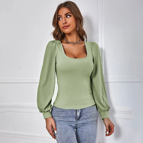 Women's Avocado Green Puff Sleeve Knitted Long-sleeved Top