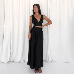 Vest High Waist A- Line Dress Two-piece Set For Women