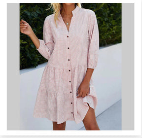 Plaid Printed Ruffle Dress V Neck Button Three-quarter Sleeves Dresses For Women Clothing