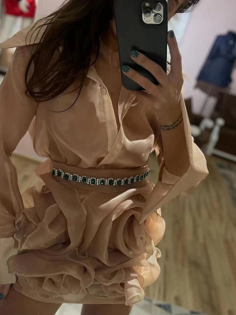 Lapel See-through Light Shirt Flower Skirt Suit Women