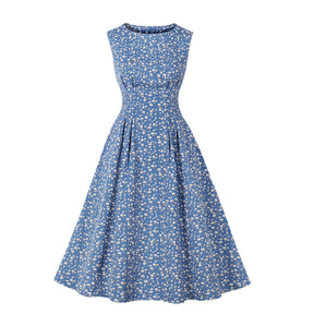 Floral Sleeveless Mid-length Large Swing Dress