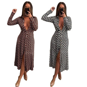 European And American Printed Sexy Lapel Cardigan Dress Containing Belt