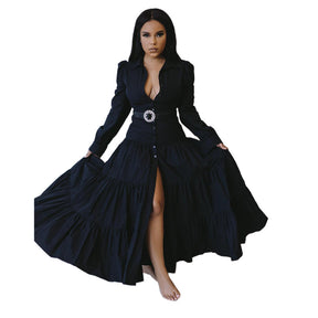 European And American Solid Color Lapel Long Sleeve Slim Fit Fashion Women's Length Dress