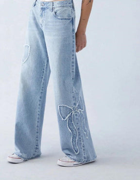 Embroidered Side Frayed Butterfly Jeans Street Design Hot Girl Baggy Straight Trousers