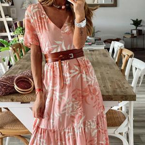 Floral skirt V-neck dress women