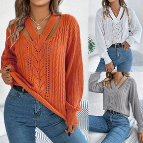 Hollow Out V-neck Twist Lantern Sleeve Pullover Sweater