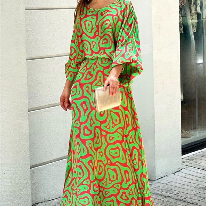 2pcs Women's Dress Suits Fashion Loose Printed Long Sleeve Top And High Waist Long Skirt