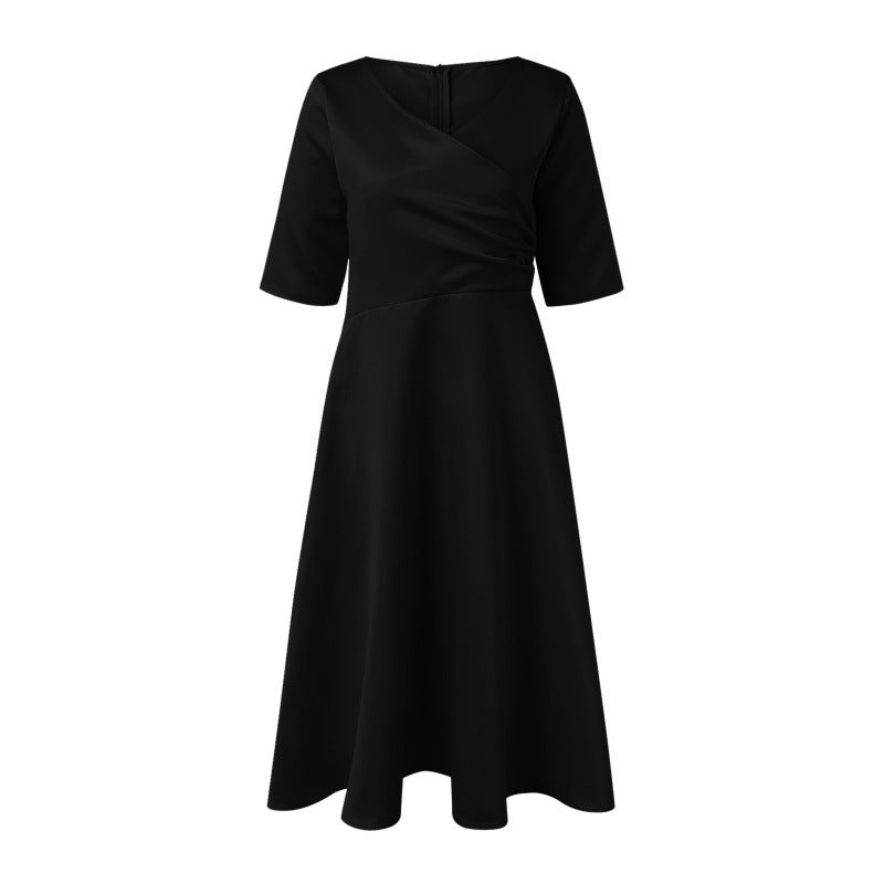 European And American New V-neck Half Sleeve Dress Solid Color Simple Waist Fitted Pettiskirt
