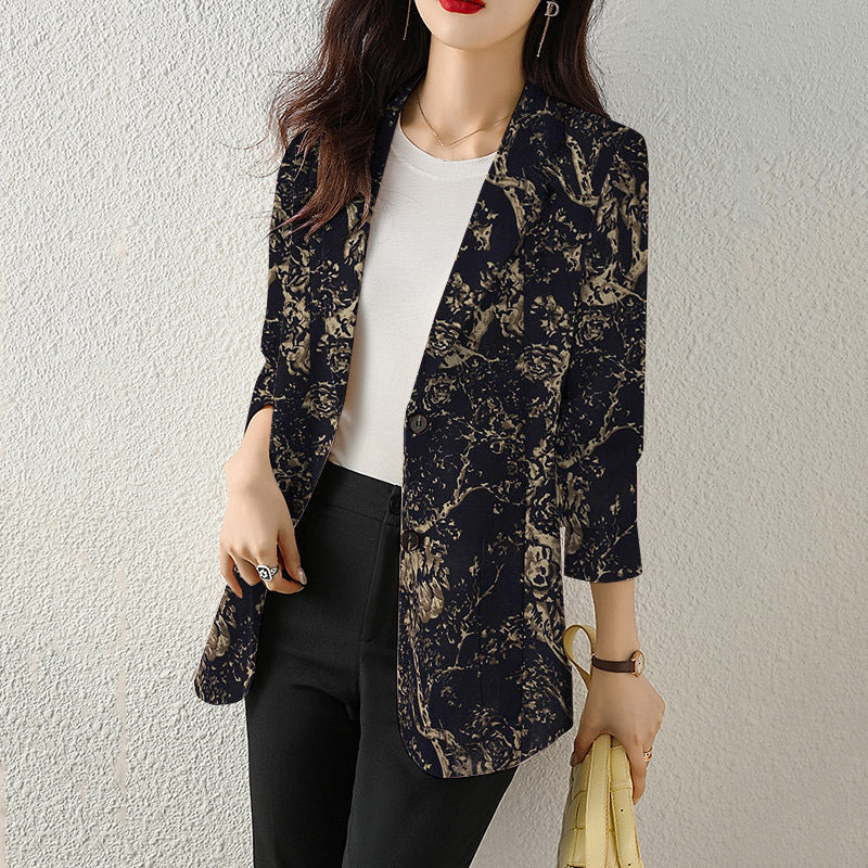 Women's Button Printed Long-sleeved Pocket Vintage Cotton And Linen Blazer