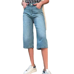 Washed Loose-fitting Women's Denim Middle Pants